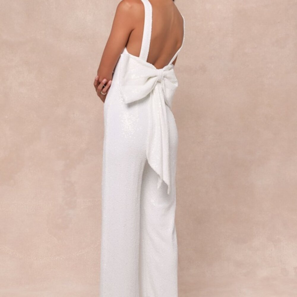Lulus Feeling Sparkly White Sequin Bow Wide-leg Jumpsuit - Size S (NWT)